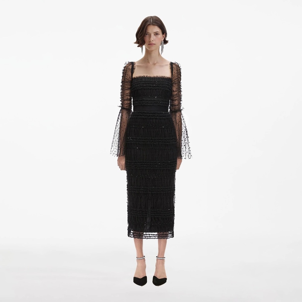Self-Portrait Black Midi Dress with Sheer Polka-Dot Sleeves